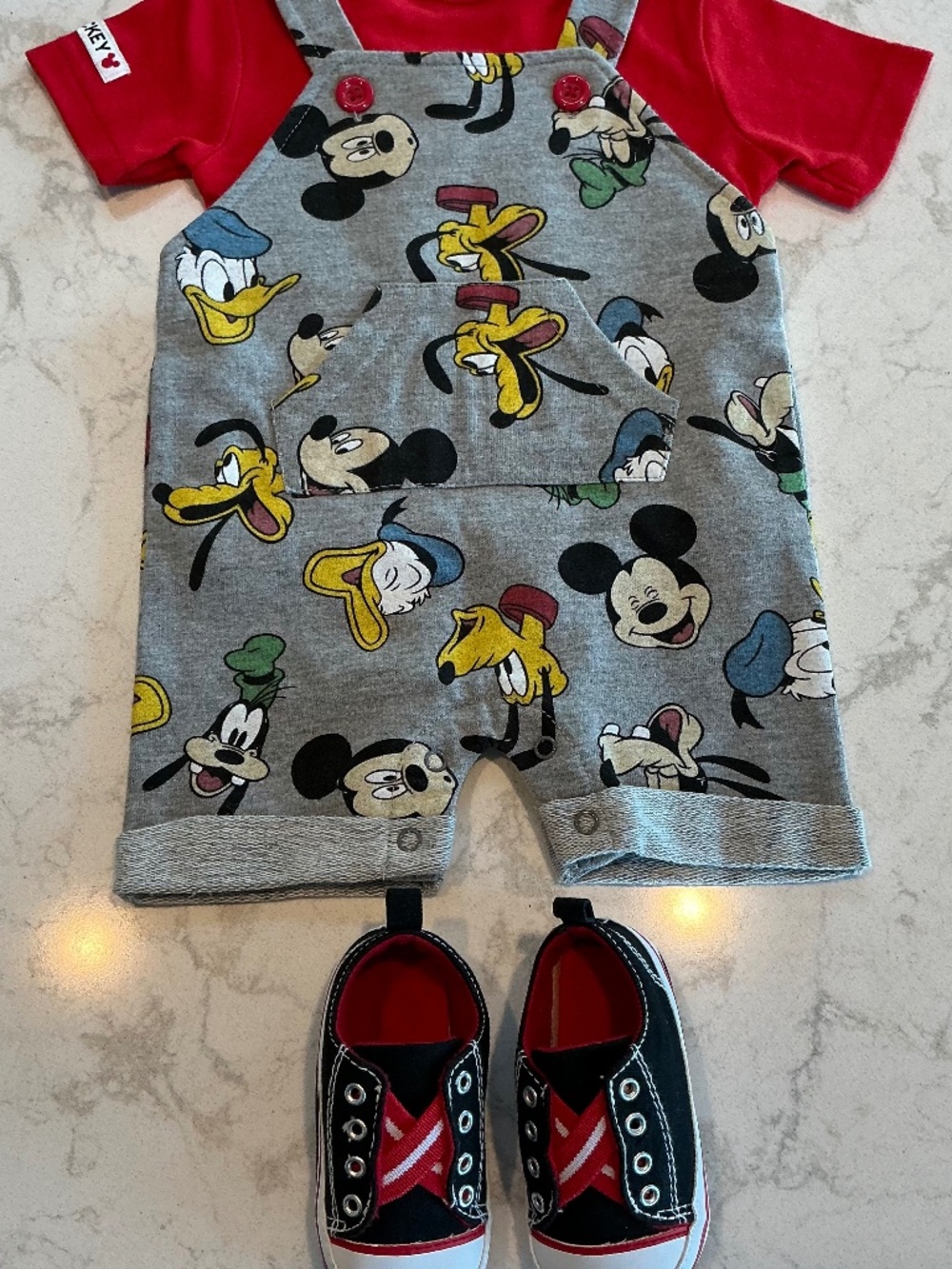 Disney Mickey 3 Piece Romper Red Tee 3-6 Mo Baby Gray Multi Booties Shoes Outfit